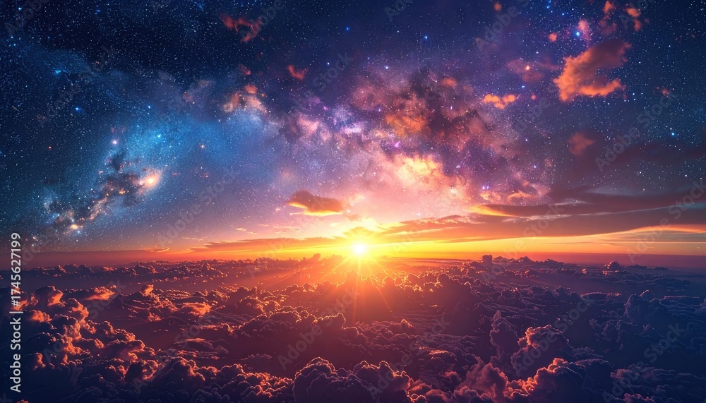 Fototapeta premium Sunset over clouds, starry sky above. Bright sun, colorful nebula, cosmic scene