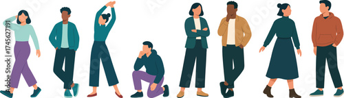 Modern casual people characters in flat vector style, diverse men and women outfits with varied poses, standing walking and kneeling on clean background, minimal detail with a balanced palette
