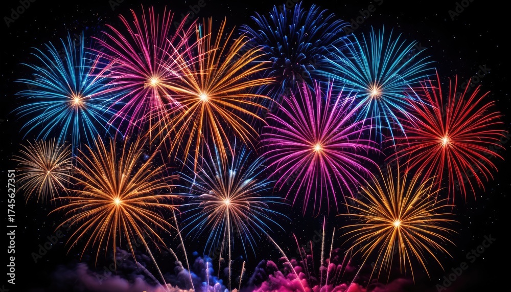 Fototapeta premium Colorful fireworks explode brightly against a dark night sky