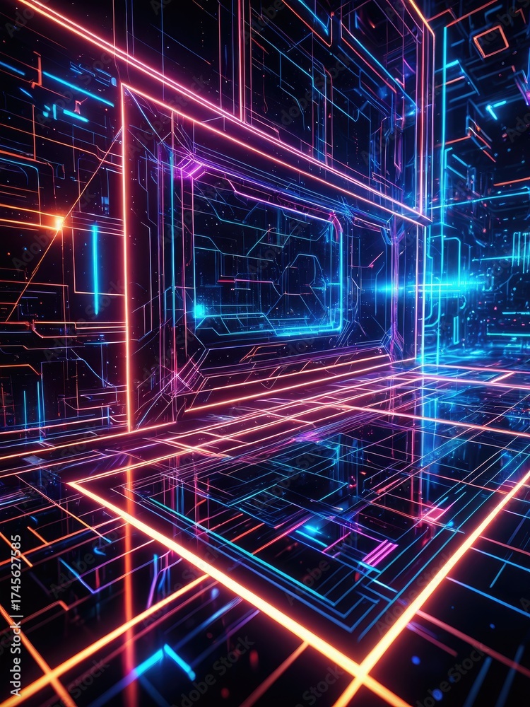 Obraz premium Futuristic neon grid lines with perspective view