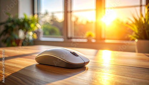 Minimal wireless mouse on warm desk for modern workspace headers