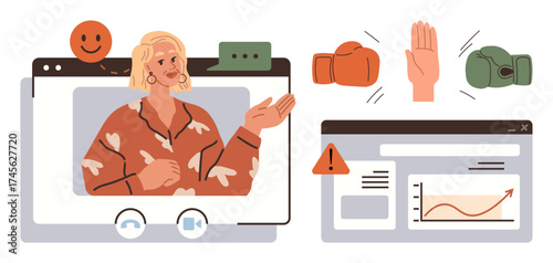 Person in video call, chat bubbles, boxing gloves, hand gesture, and analytics on screens. Ideal for communication, teamwork, conflict management, business strategy remote work analysis