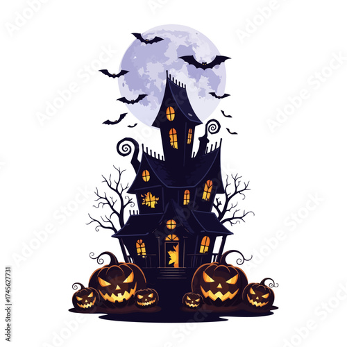 Spooky Halloween Decorations Vector with Haunted House Silhouette and Glowing Pumpkins
