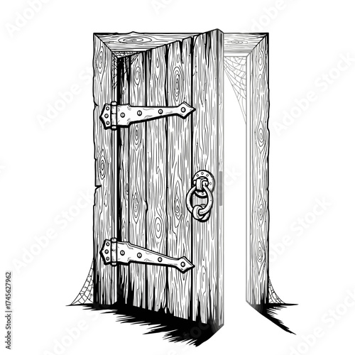 A black and white hand-drawn illustration of an old wooden door opening slightly to reveal a bright light from within.