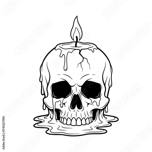 A black and white line art illustration of a human skull candle melting with a lit flame on top.