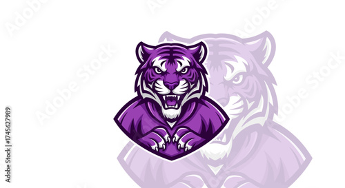 Fierce purple tiger mascot ready to dominate, exuding power and aggression for esports teams and sports brands.