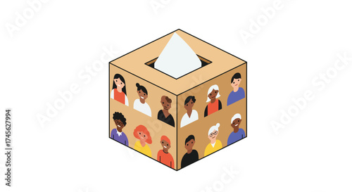 Illustration of a ballot box with diverse people on the sides.