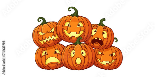 Group of Glowing Jack-o'-lanterns with Different Emotions on Halloween Night - Flat Vector Illustration
