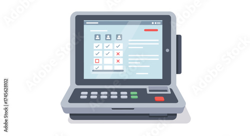 Illustration of an electronic voting machine with a touchscreen interface.