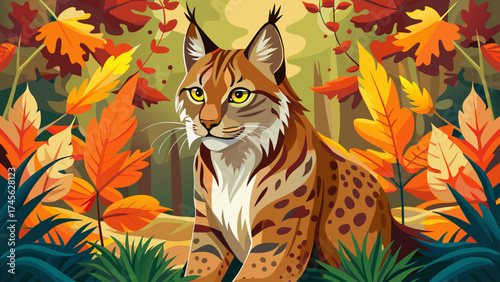 Beautiful Eurasian Lynx, wild cat sitting on the orange leaves in the forest habitat