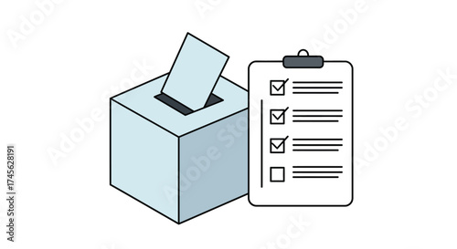 Illustration of a ballot box and a checklist on a clipboard.