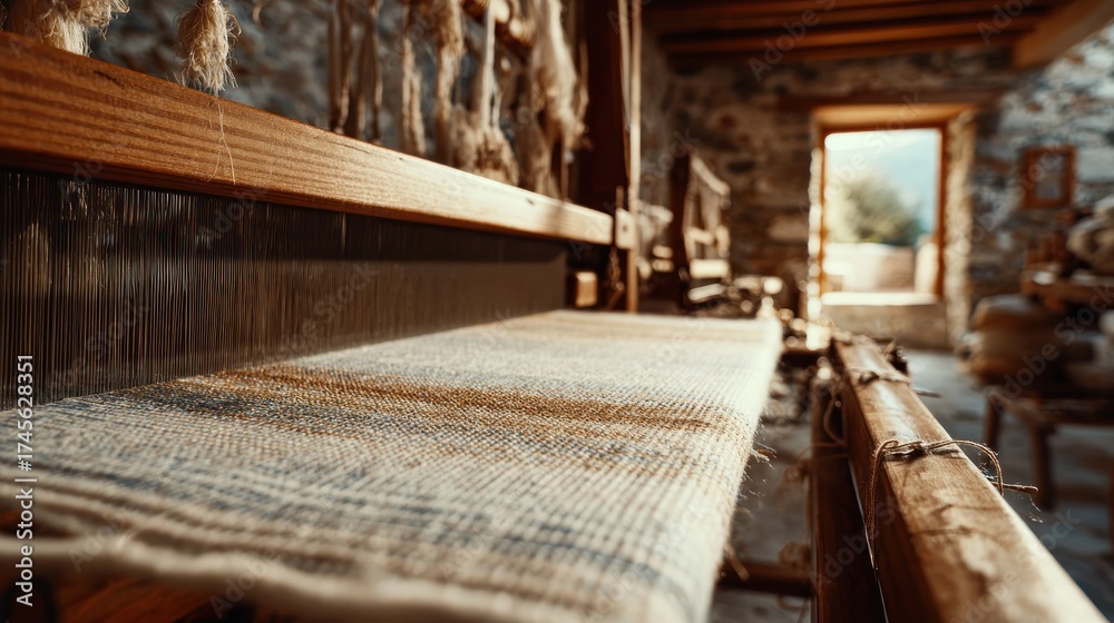 Obraz premium Traditional weaving loom indoors detailed view of textile craftsmanship