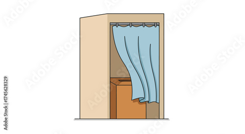 Illustration of a fitting room with a blue curtain.