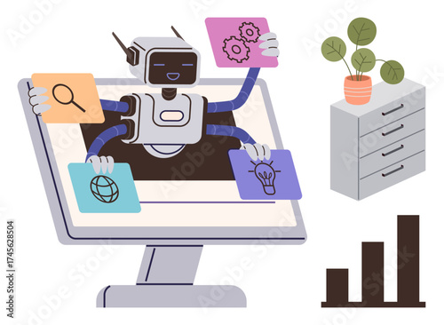 Robot emerging from a monitor holding multitasking icons for search, web, ideas, and gears. Nearby desk drawers, potted plant, and bar chart. Ideal for AI, automation multitasking productivity