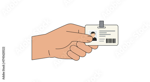 Illustration of a hand holding an identification card with a photograph and barcode.