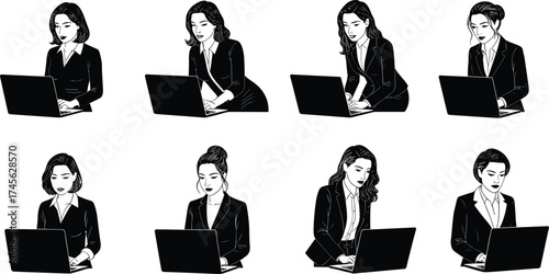 Business Silhouettes Using Laptops – Diverse Professionals in Office Attire, Remote Work, Digital Productivity, Career Focus, and Workplace Technology Concept
