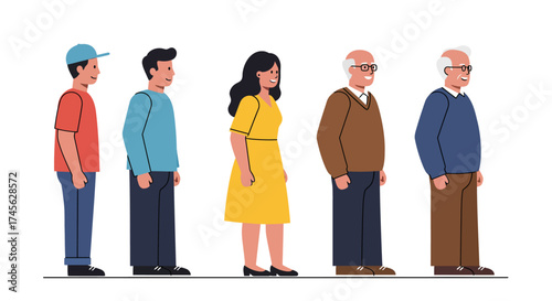 Illustration of people of different ages standing in a line.
