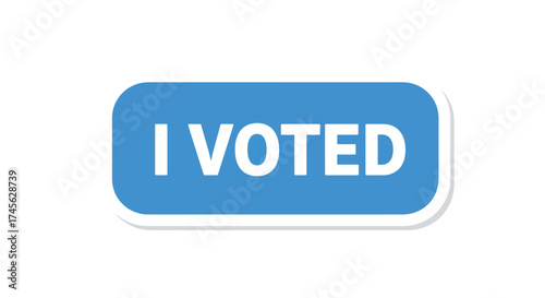 A blue "I Voted" sticker with white text and a white border, indicating participation in an election.