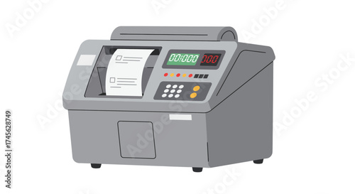 Illustration of a gray check writing machine with a printed check coming out of the machine.