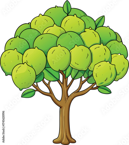 A vibrant cartoon tree laden with numerous bright green fruits and lush leaves