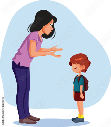 Mother Scolding her Child for Grades in School Vector Illustration. Stressed kid being confronted by his mom about bad school results 
 