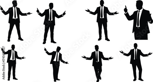 Businessman Silhouettes in Gesturing Poses – Corporate Communication, Public Speaking, Presentation, Leadership, Strategy, Confidence, Body Language, and Professional Concept
