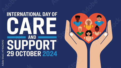 Vector art of illustration for international day of care and support on october 29, 2024, showing hands holding a heart with diverse people