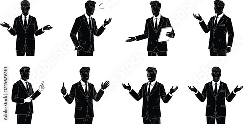 Businessman Silhouettes in Speaking and Presenting Poses – Corporate Communication, Leadership, Explanation, Strategy, Confidence, Office Culture, and Professional Concept