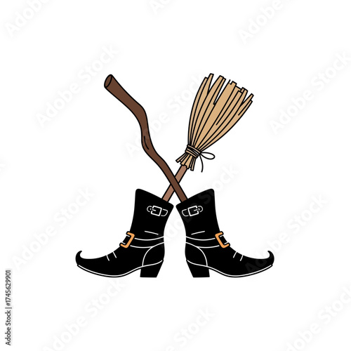 A cartoon illustration of a witch's broomstick and black pointed boots crossed in an X shape.