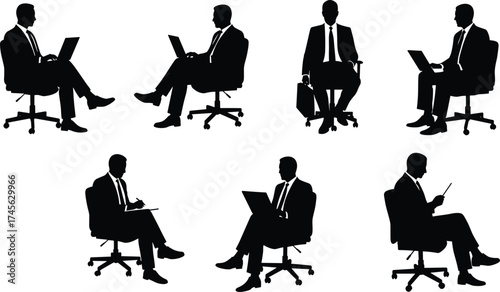 Business Silhouettes Seated in Office Chairs – Professionals with Laptops, Documents, Briefcases, Corporate Strategy, Productivity, Career, and Workplace Concept
