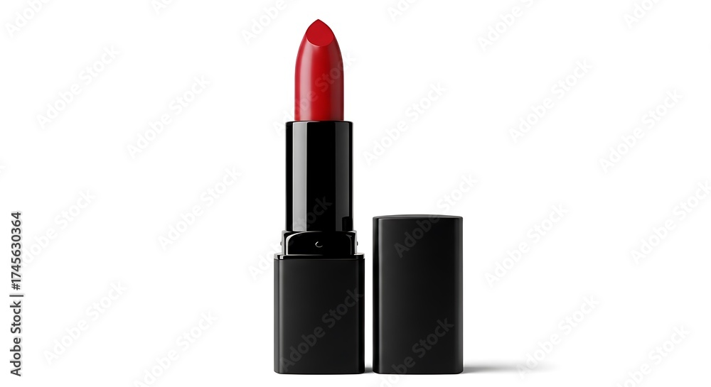 Obraz premium A vibrant red lipstick tube with the cap removed standing upright isolated on white background