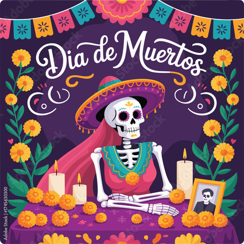 Colorful Dia de Muertos skeleton woman illustration with candles, marigold flowers, sombrero hat, and altar decoration on purple background