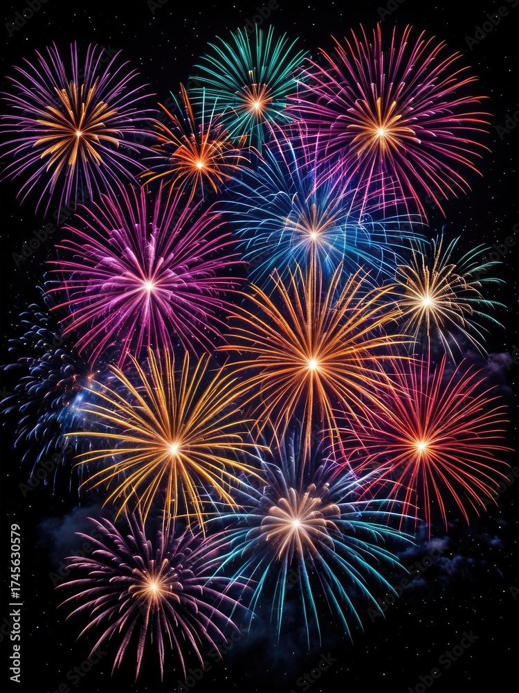 Fototapeta premium Vibrant fireworks display against a dark, starry night. Explosions of color