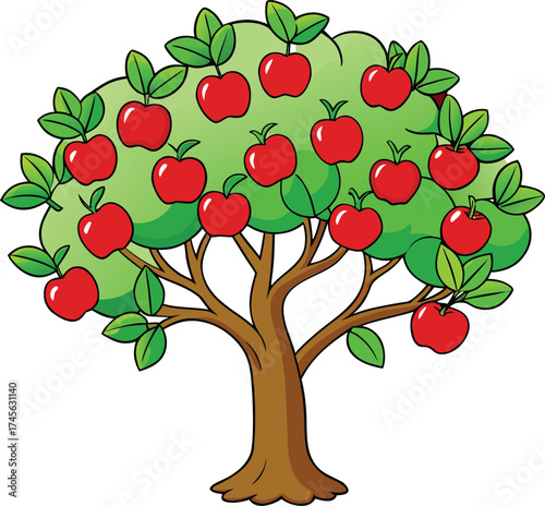 Cartoon apple tree laden with ripe red fruit and green leaves