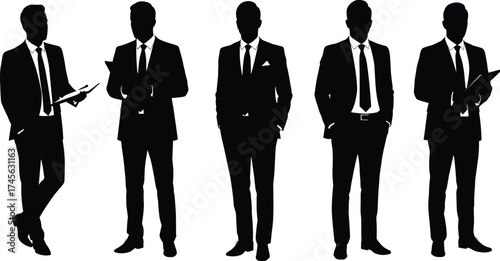 Businessmen Silhouettes in Suits Holding Office Items – Corporate Professionals, Career Confidence, Strategy, Leadership, Teamwork, and Workplace Presentation Concept