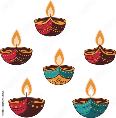 A digital illustration showcasing six pixel-art oil lamps, commonly known as diyas, with glowing flames. 