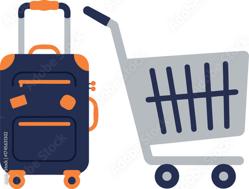 Travel shopping concept rolling suitcase and shopping cart vector