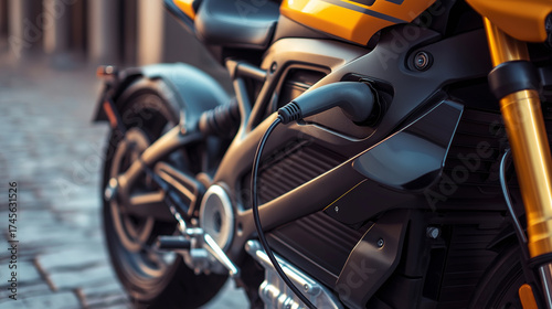 Wallpaper Mural electric motorcycle is charged from electricity close-up, connected cable to the electric bike, charge an electric scooter or motorcycle, generative ai Torontodigital.ca