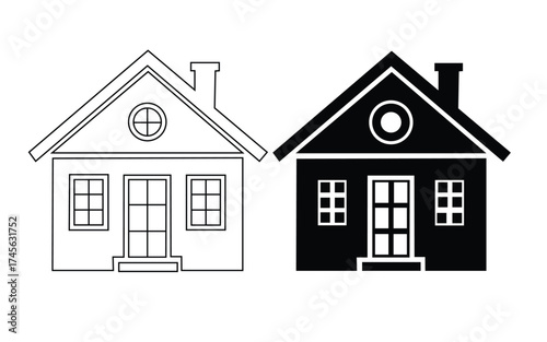 house icon set, Two simple house outlines one in black silhouette and one in line drawing isolated on white background