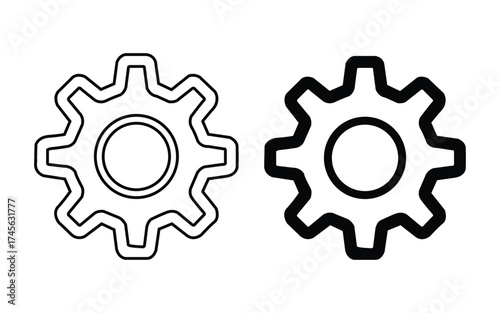 gear icon vector illustration, Two simple line art gear silhouettes with thick outlines isolated on white background