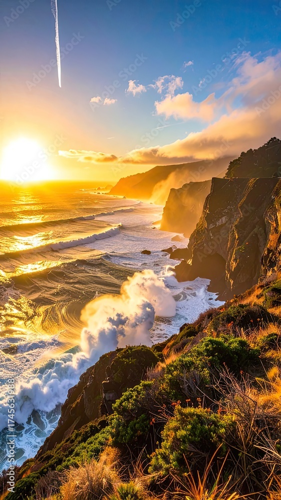 Fototapeta premium Dramatic coastal sunset scene with crashing waves, cliffs, and warm sunlight