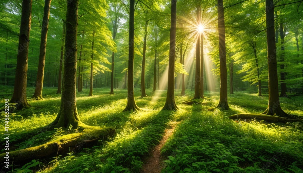 Obraz premium Sunlight streams through lush green forest, illuminating a peaceful woodland path