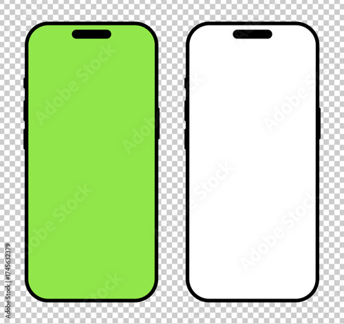 Smartphone frames set. Gadget symbol. Device front view. Simple sign for website design, ui, mobile app. Blank smart phone green screen templates. Mobile phone black icons with green, white backdrops.