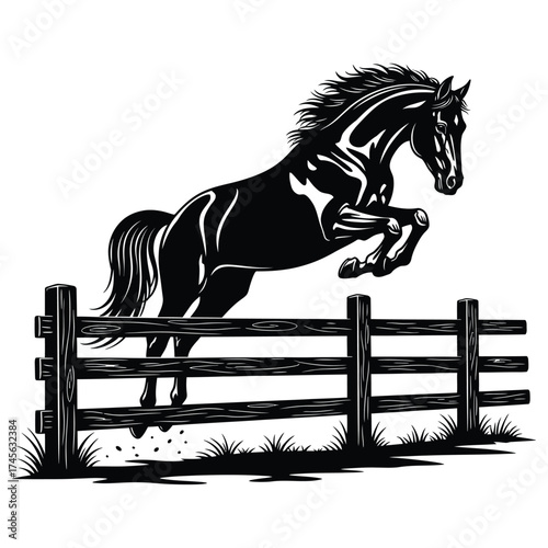 Black silhouette of a horse clearing a rustic wooden fence with dust rising jumping equestrian