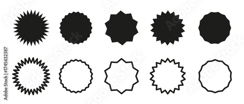 Circle black stickers collection. Set of round frames. Blank sale sticker icons. Wavy edge promo flat badges. Tags for price in star burst shape. Simple silhouette borders. Flat vintage labels sample.