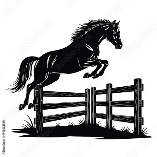Black silhouette of a horse jumping over a wooden fence with grass equestrian