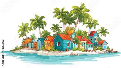 Tropical Island Paradise Illustration with Vibrant Colors
