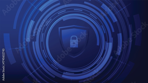 digital lock with shield on blue futuristic background
