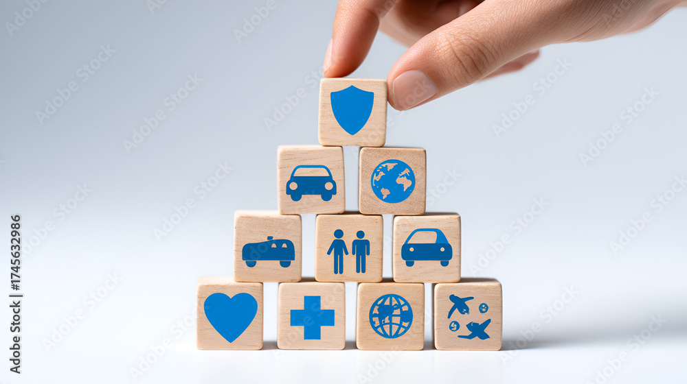 Obraz premium Protecting what matters most building security with diverse insurance symbols stacked high