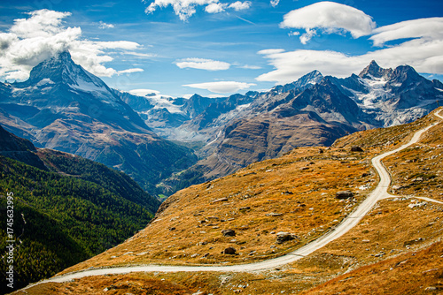 View of the Matterhorn peak and the mountain road leading into the valley